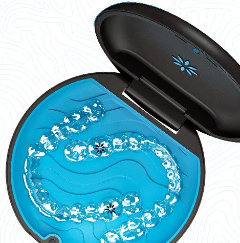 Invisalign clear aligners stored inside a protective blue dental retainer case.